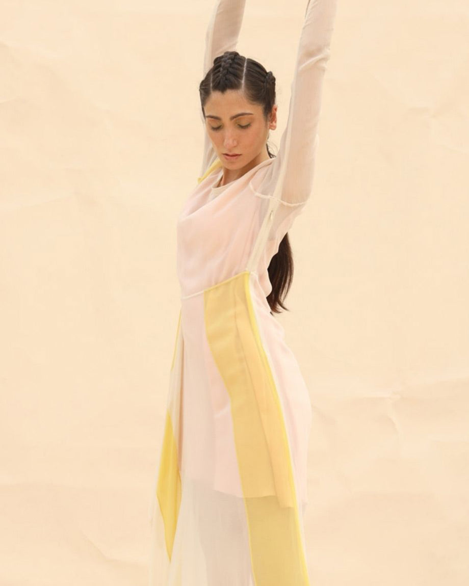 Peach & Sunflower Draped dress by  ABHISHEK SHARMA