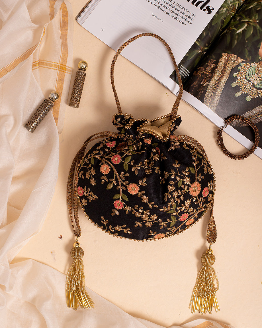 Floral  Black Potli Bag