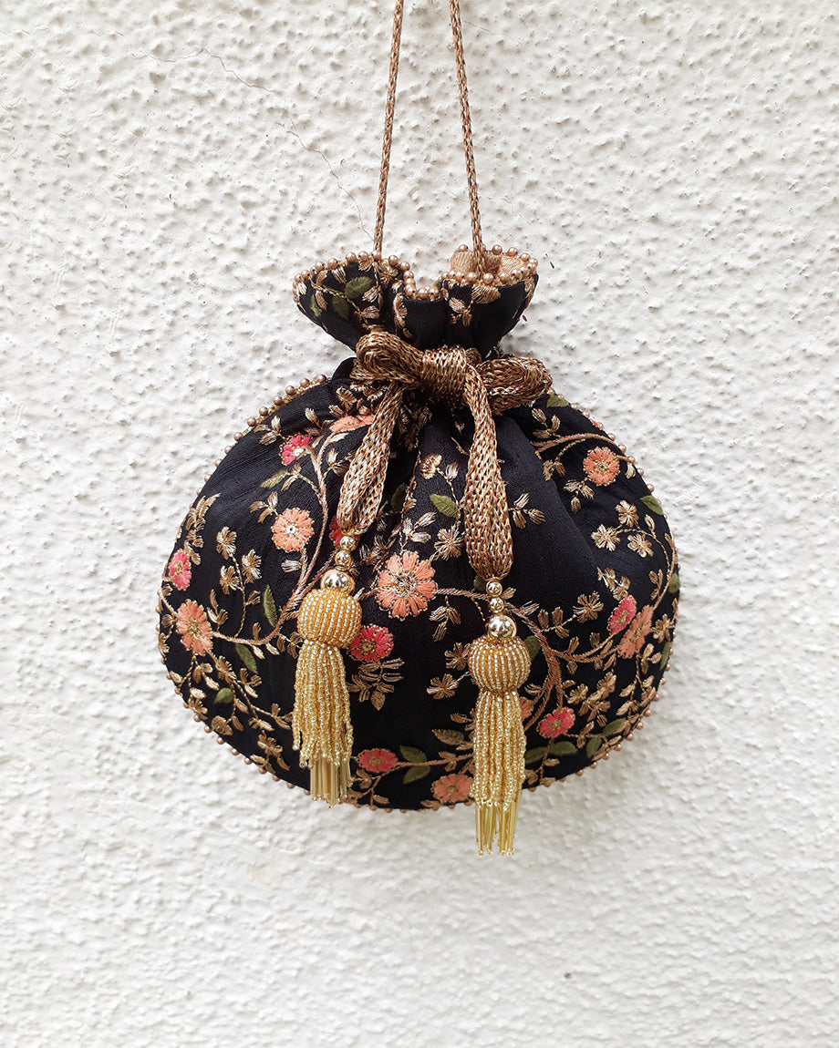 Floral Creeper Black Potli Bag by AMYRA