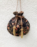 Floral Creeper Black Potli Bag by AMYRA