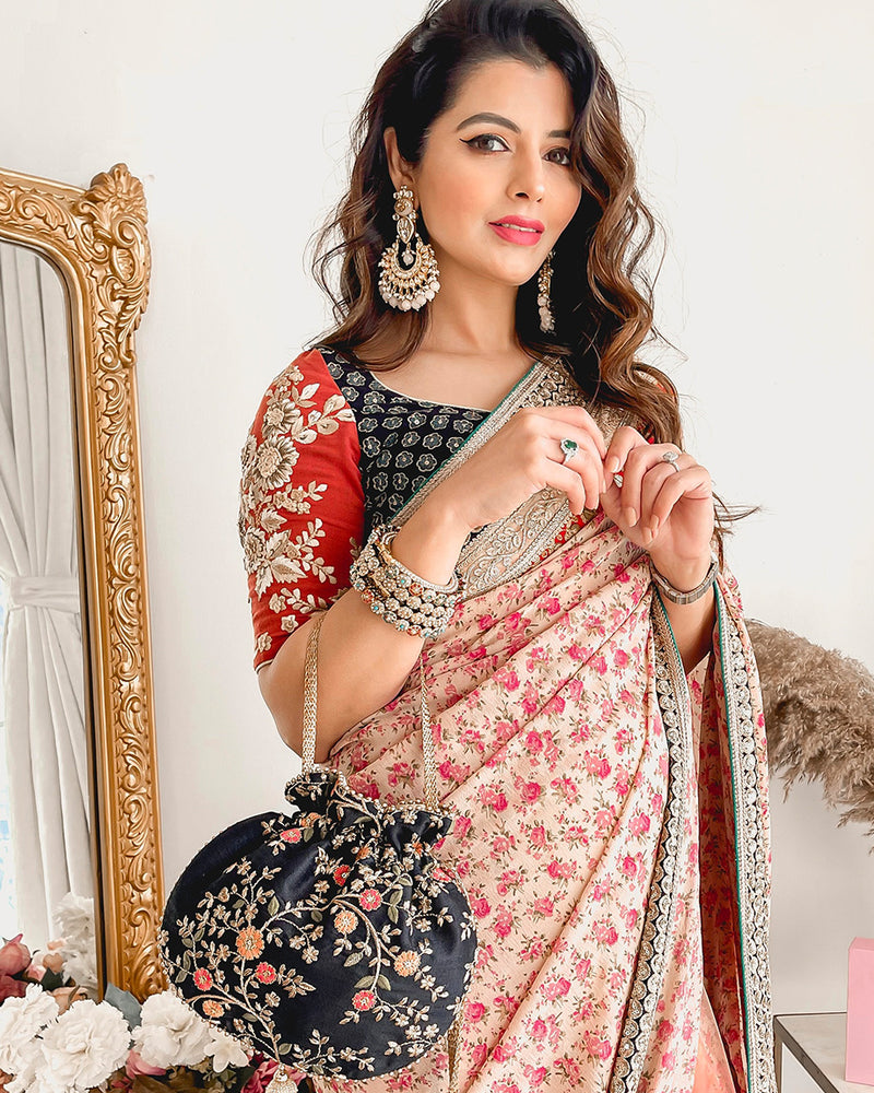AMAYRA   Floral Creeper Black Potli Bag
