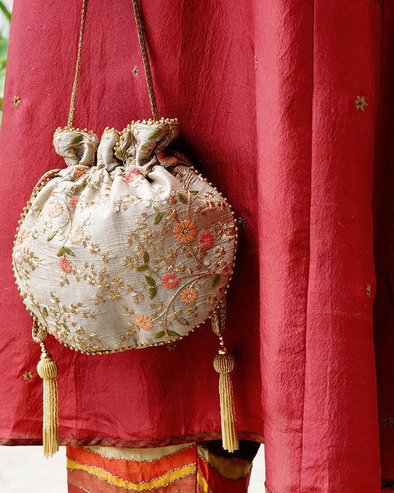 Shop our Grey and Peach Floral Creeper Potli with Gold Embroidery | 85 Lansdowne