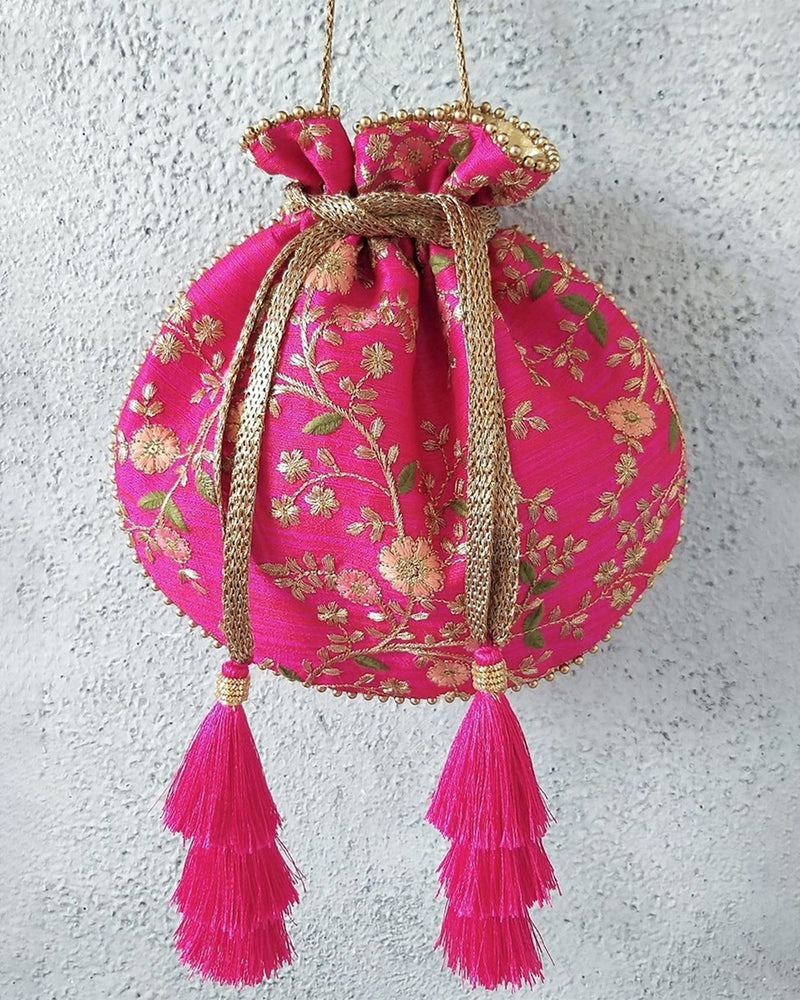 Pink Floral Creeper Potli Bag by AMYRA