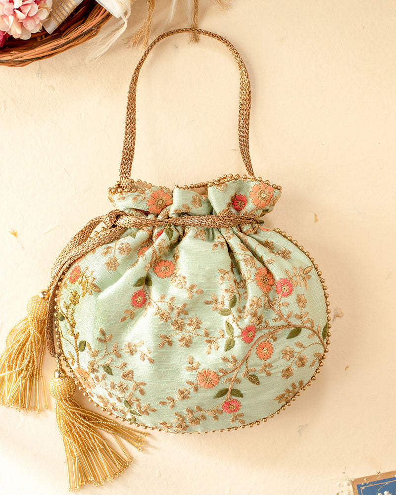 Handcrafted Mint Floral Creeper Potli with Golden Drawstrings and Tassels - 85 Lansdowne