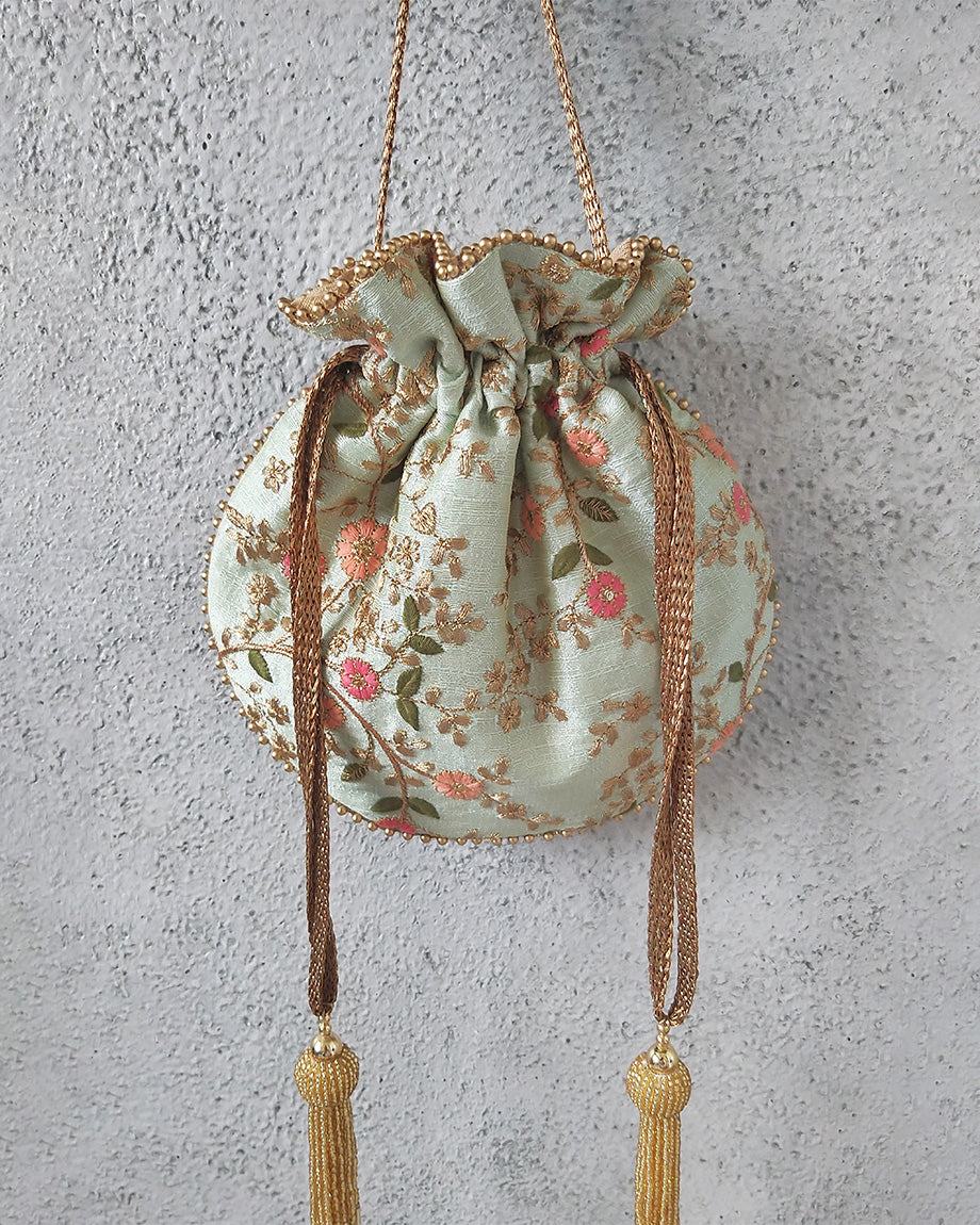 Mint Floral Creeper Potli Bag by AMYRA
