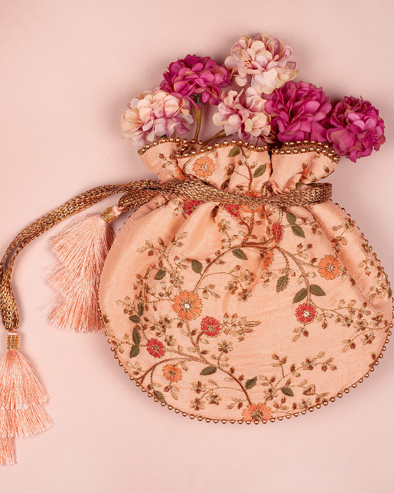 Peach Floral Creeper Potli Bag