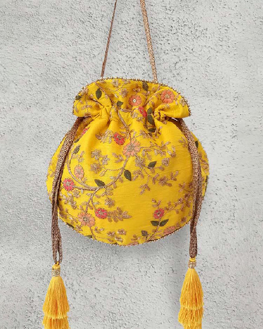 AMAYRA  Yellow Floral Creeper Potli Bag