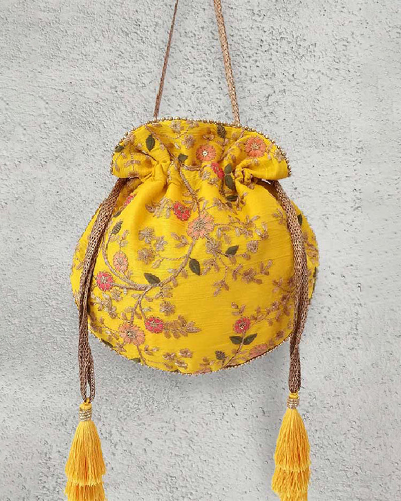 AMAYRA  Yellow Floral Creeper Potli Bag