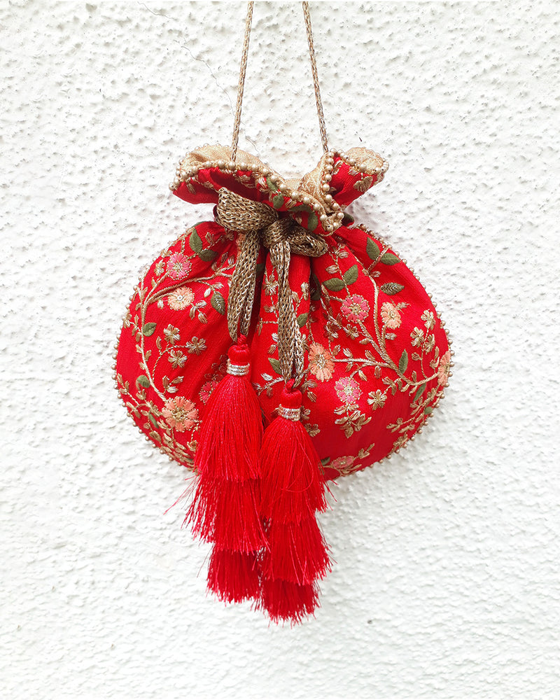 Red Floral Creeper Potli Bag by AMYRA