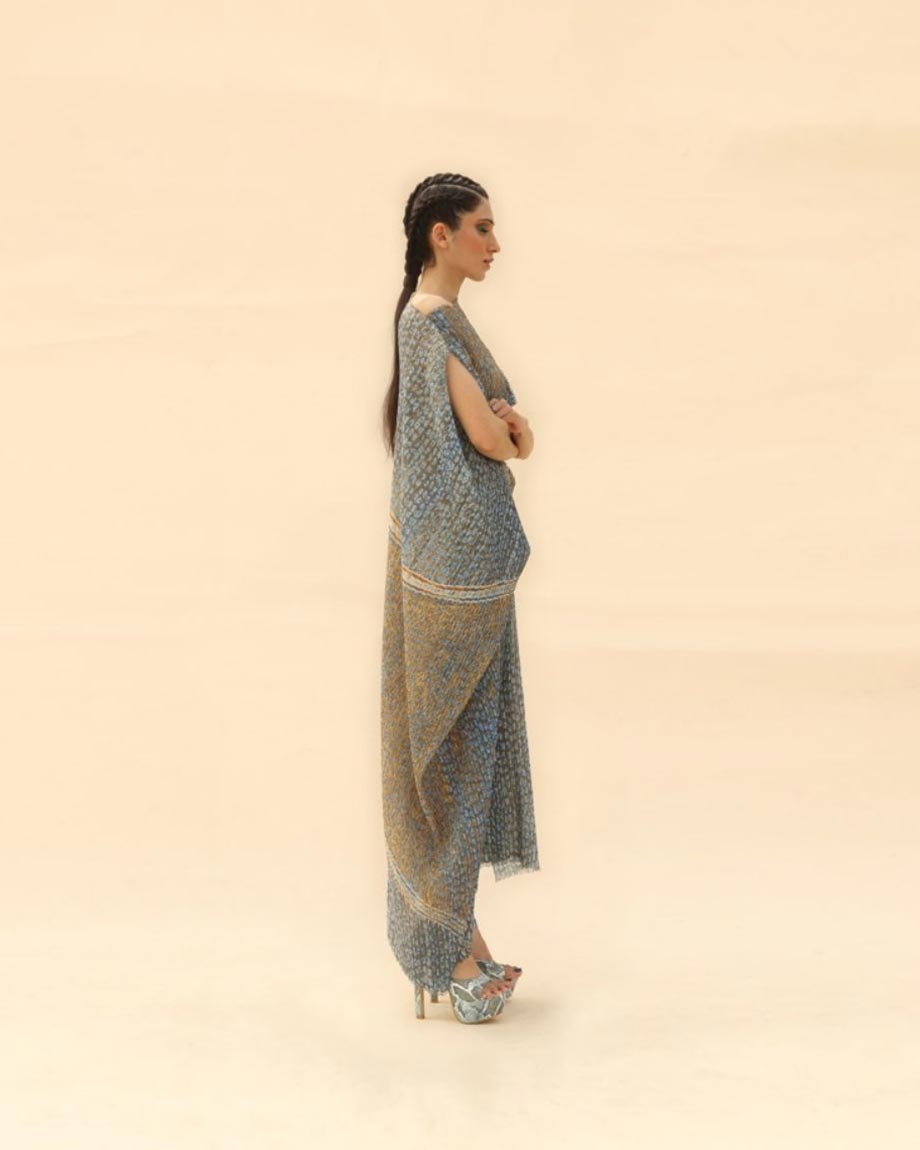 Ocean blue & dune long Draped dress By ABHISHEK SHARMA
