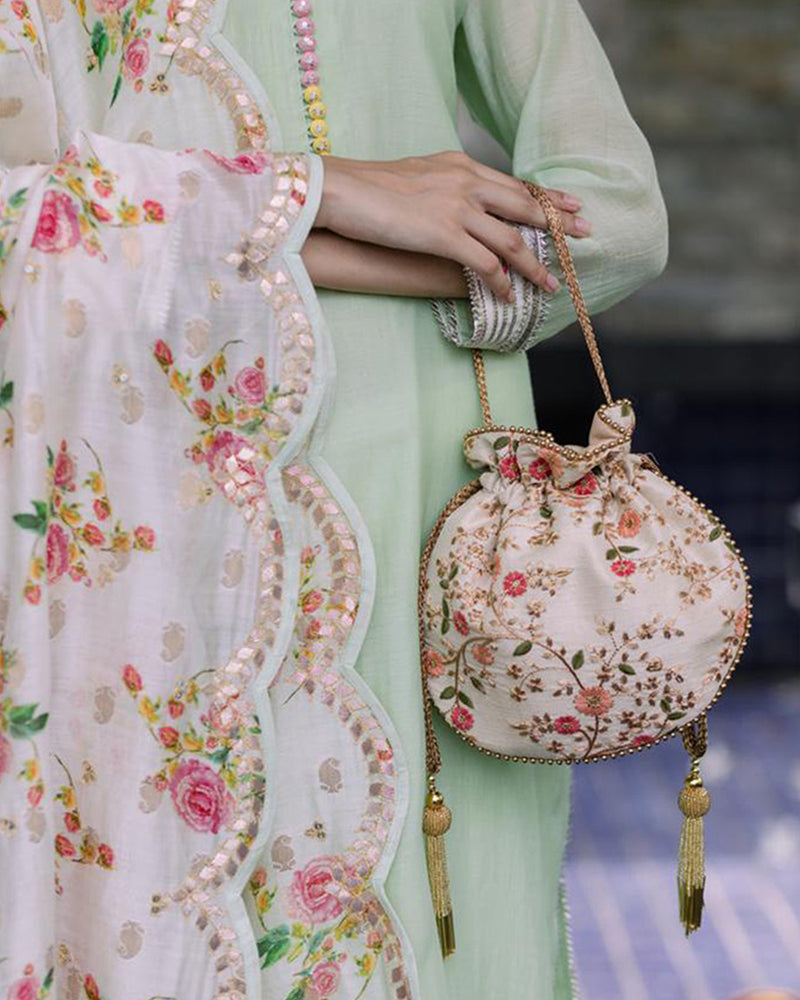 "Handcrafted Floral Creeper Potli with Pastel Embroidery and Cutdana Tassels | 85 Lansdowne