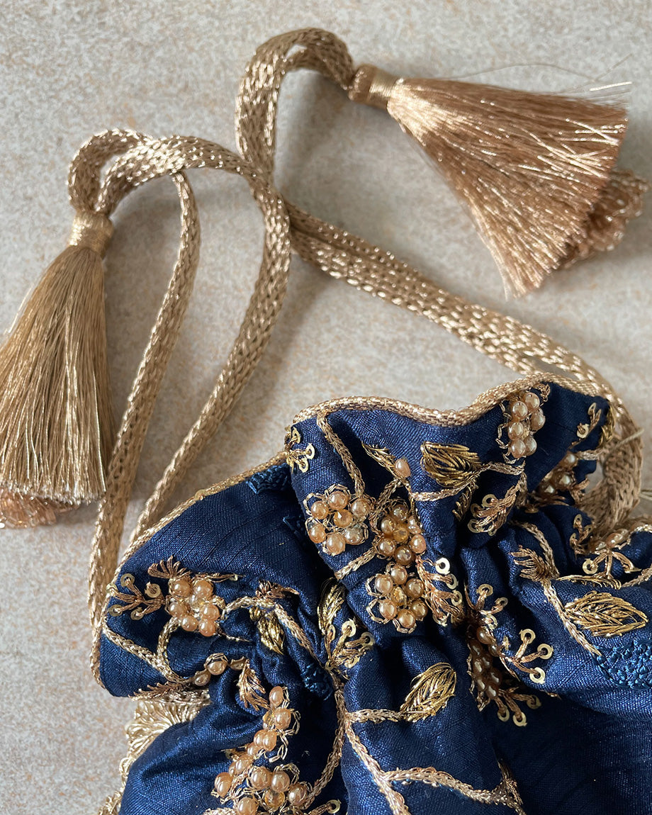AMAYRA  Navy Pearl Embroidered Potli