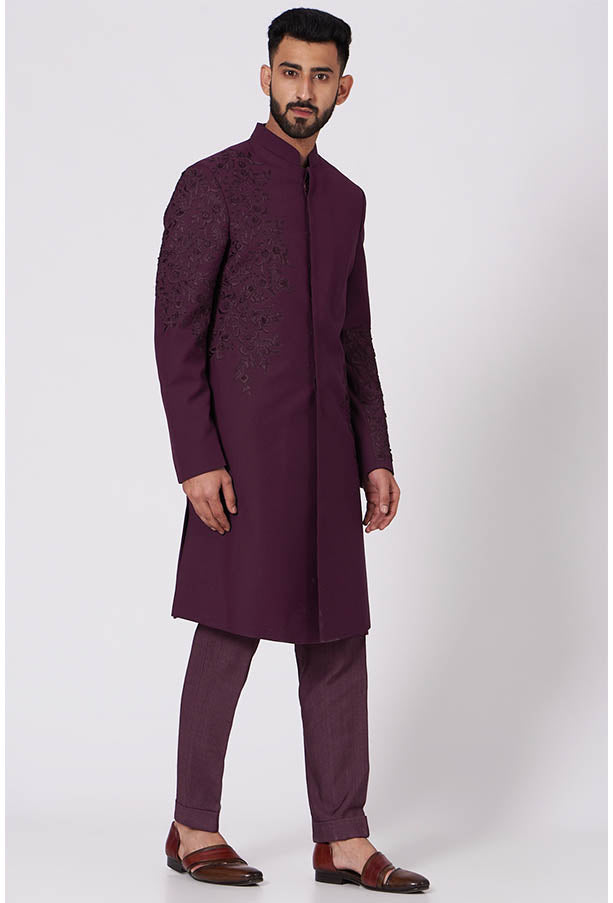 JATIN MALIK Wine Embroidered Achkan