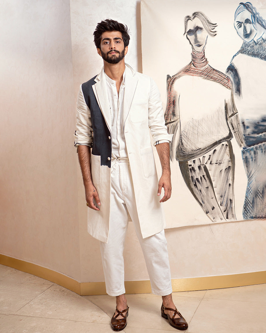 JATIN MALIK Chalk White Overcoat Set