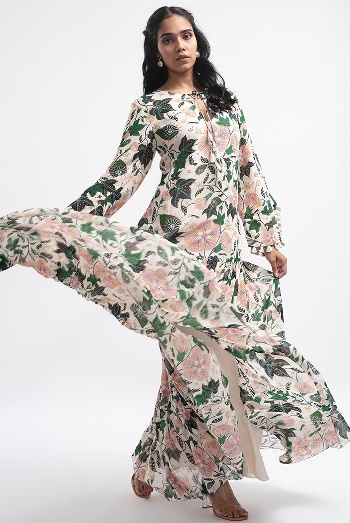 White Abutilon print georgette tiered dress front view"
