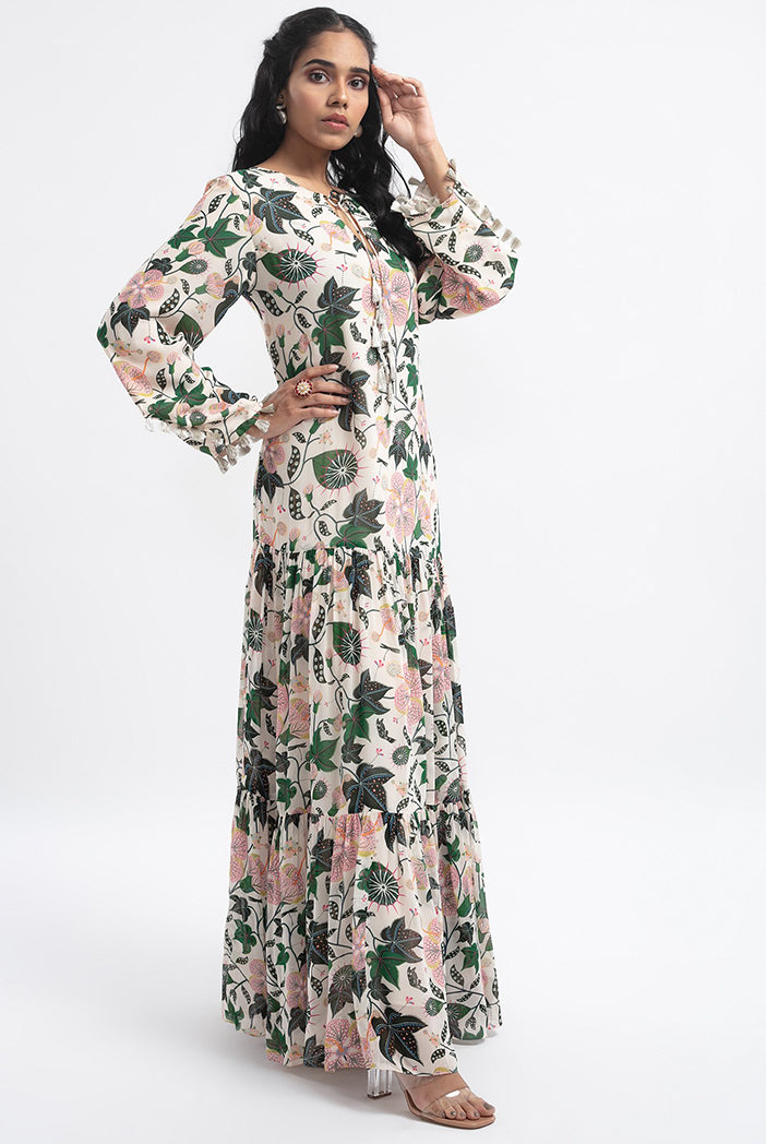 "White Abutilon print georgette tiered dress with tassels detail"
