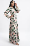 "White Abutilon print georgette tiered dress with tassels detail"