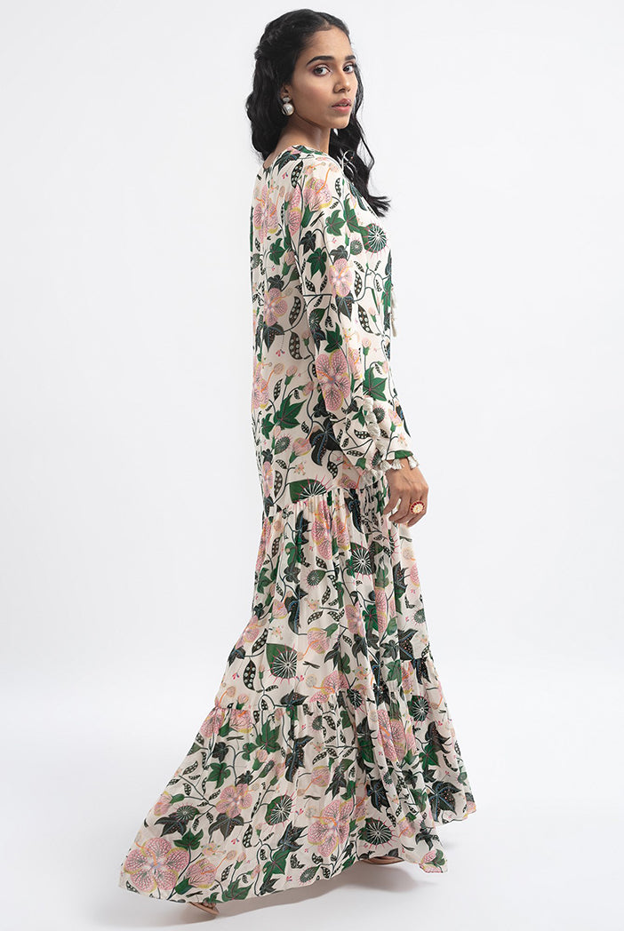 White Abutilon print georgette tiered dress back view"
