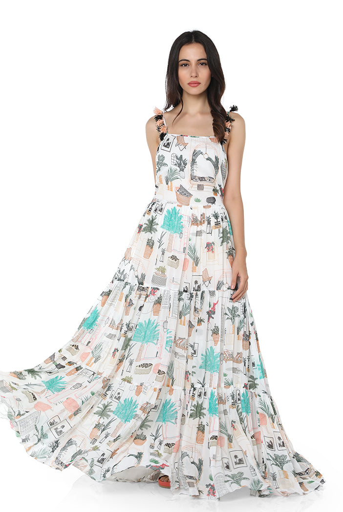 Cafe Morocco print georgette tiered dress with tassels
