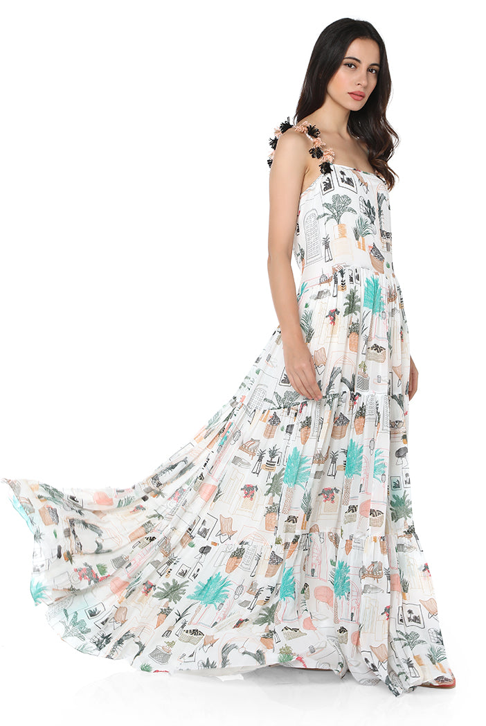 White and khaki Cafe Morocco print georgette tiered dress