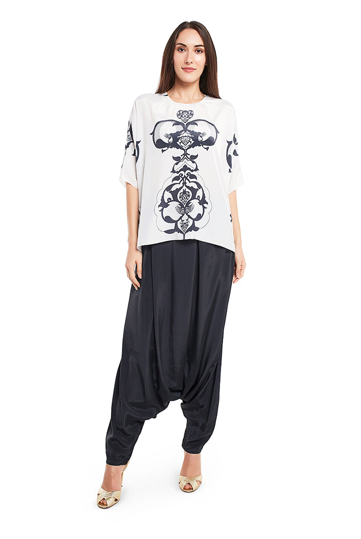 White and Black Ottoman Print Art Crepe Top with Black Art Crepe Low Crotch Pant