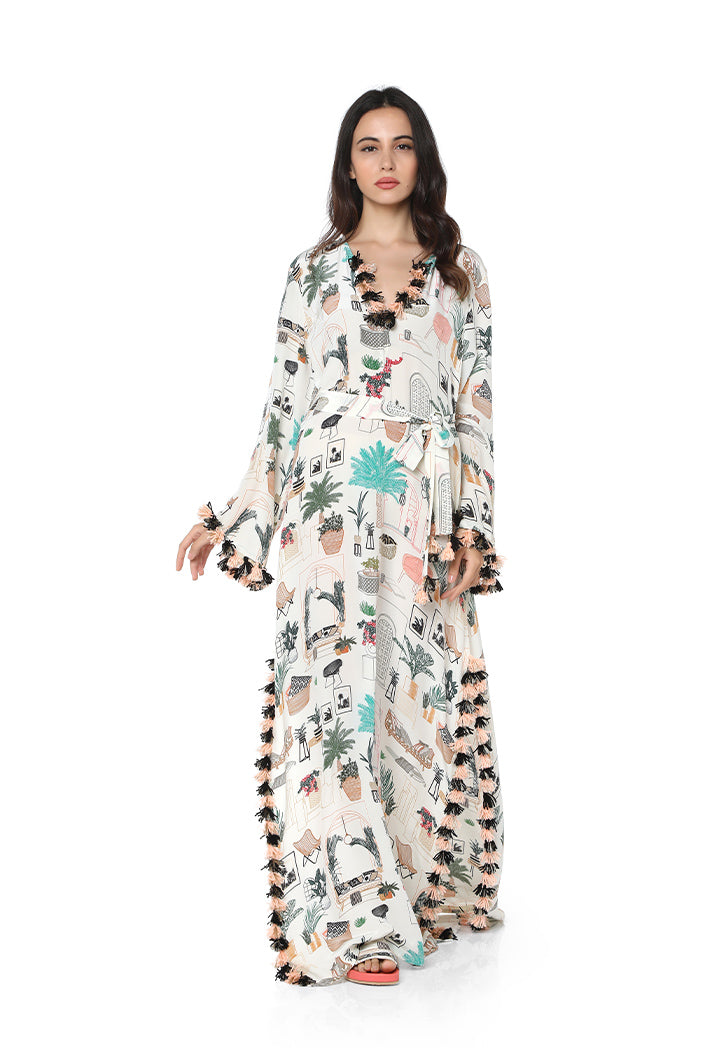 Cafe Morocco Print Art Crepe High Slit Kaftaan with Tie-Up Belt - Front View