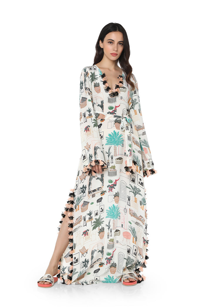 Cafe Morocco Print Art Crepe High Slit Kaftaan with Tie-Up Belt - Wool Tassels Detail