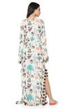 Cafe Morocco Print Art Crepe High Slit Kaftaan with Tie-Up Belt - Back View