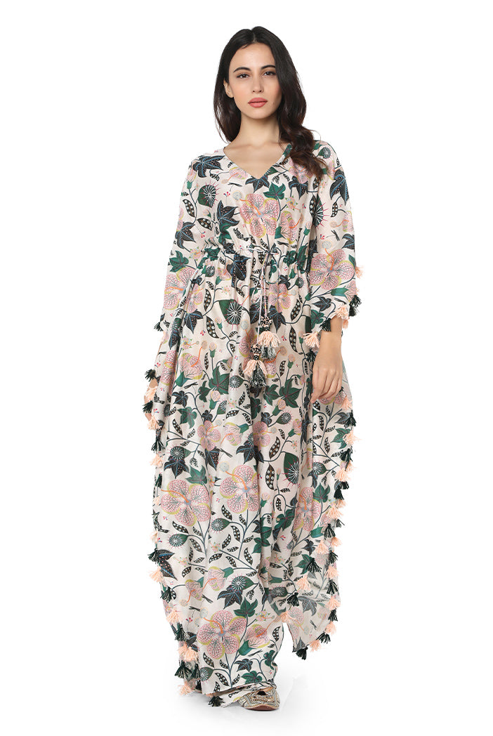 White Abutilon print silkmul kaftan front view