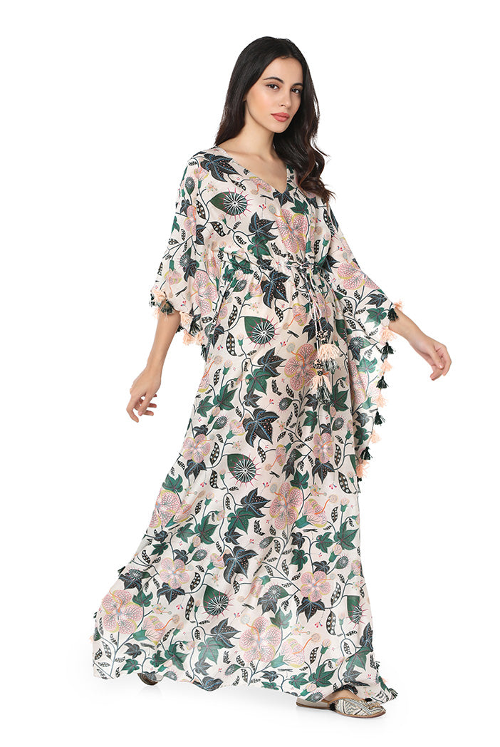Silkmul kaftan with colourful tassels