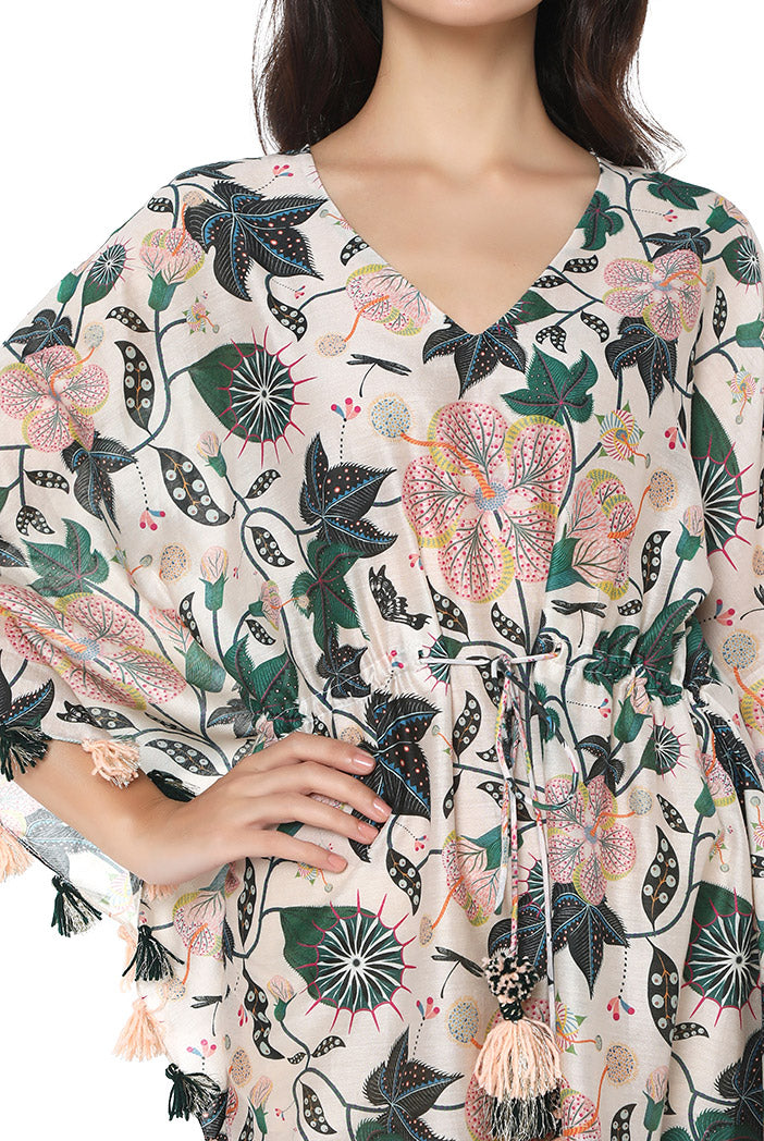 White Abutilon print kaftan with relaxed fit