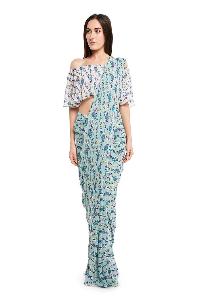 White and Blue Ikat Line Print Georgette Off Shoulder Top