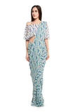 White and Blue Ikat Line Print Georgette Off Shoulder Top