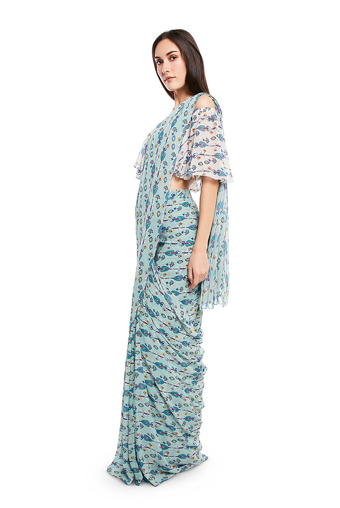 Blue Ikat Line Print Georgette Sare