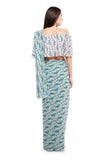 Back View of White and Blue Ikat Line Print Georgette Off Shoulder Top and Saree Set