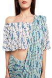 Front View of White and Blue Ikat Line Print Georgette Off Shoulder Top and Saree Set