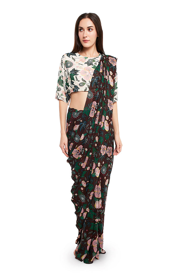 White Abutilon print art georgette choli