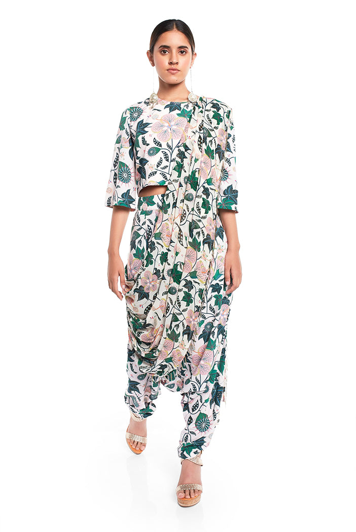 White Abutilon print art crepe crop top with attached georgette dupatta