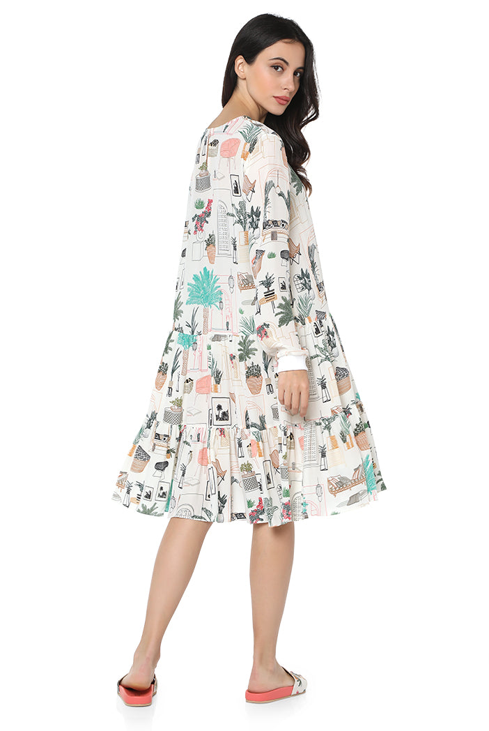 Relaxed Fit White Crepe Tunic with Double Layer Frill Hem