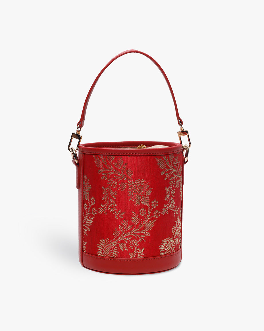 Bridal Red Brocade Barrel Potli by TAN AND LOOM