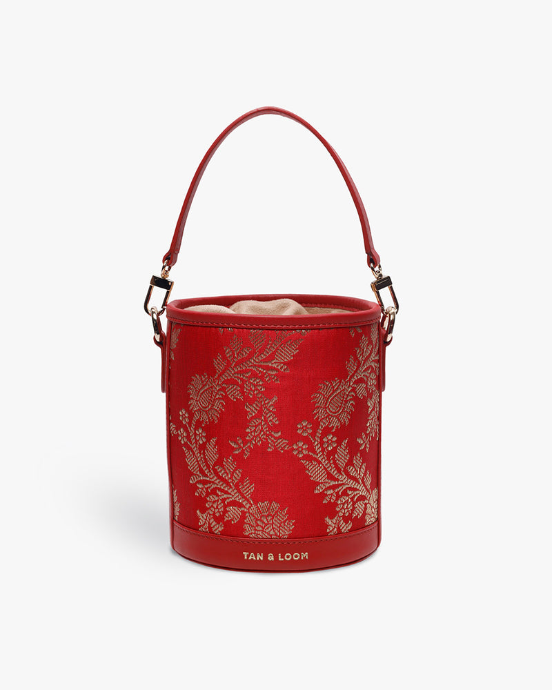 Bridal Red Brocade Barrel Potli by TAN AND LOOM
