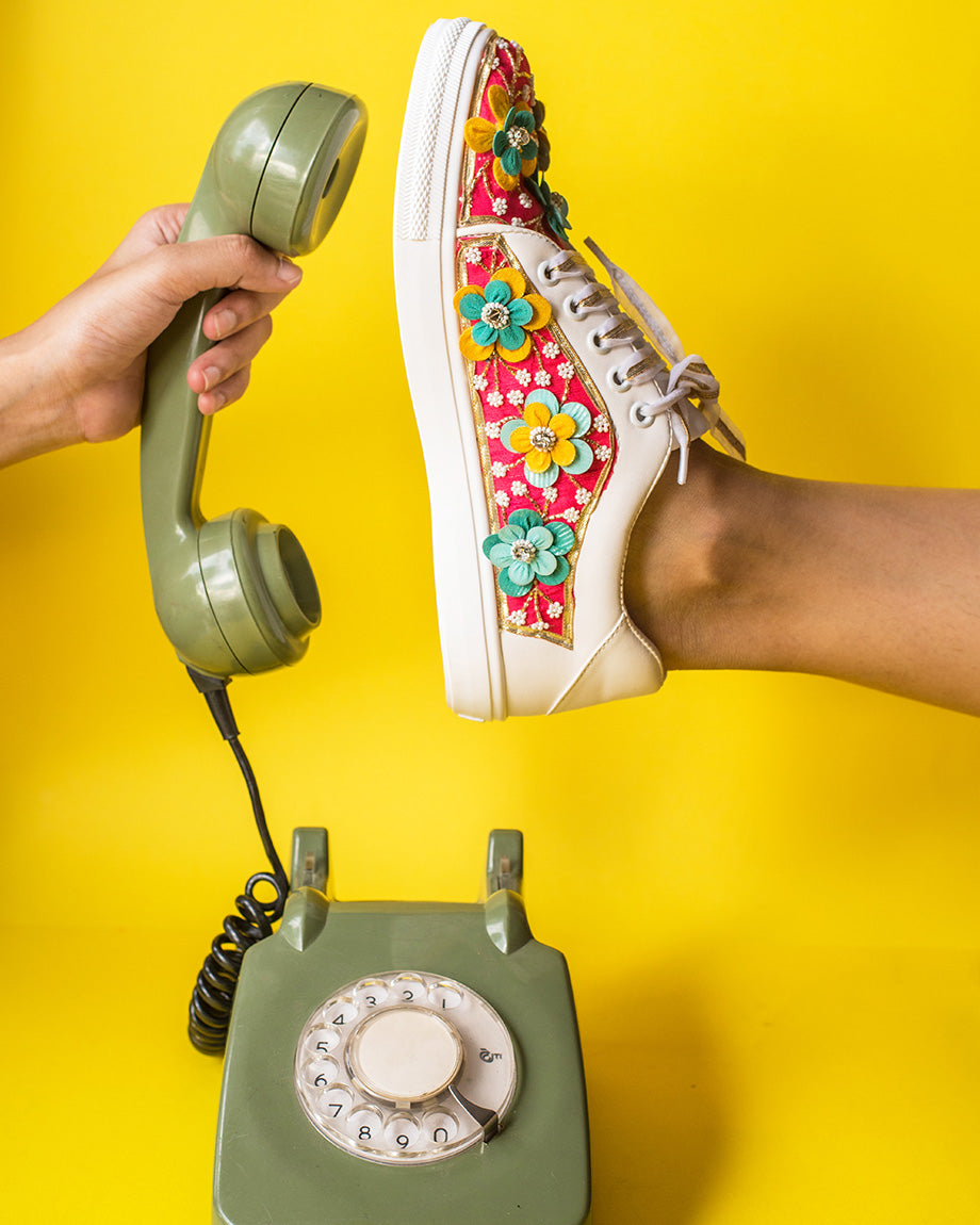 THE SAREE SNEAKERS Pataka Pink Flower Embroidered Sneakers