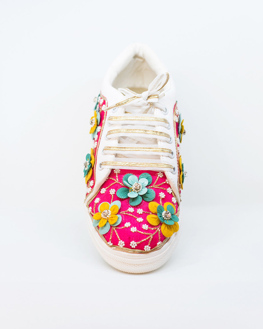 Pataka Pink Floral Embroidered Sneakers- footwear