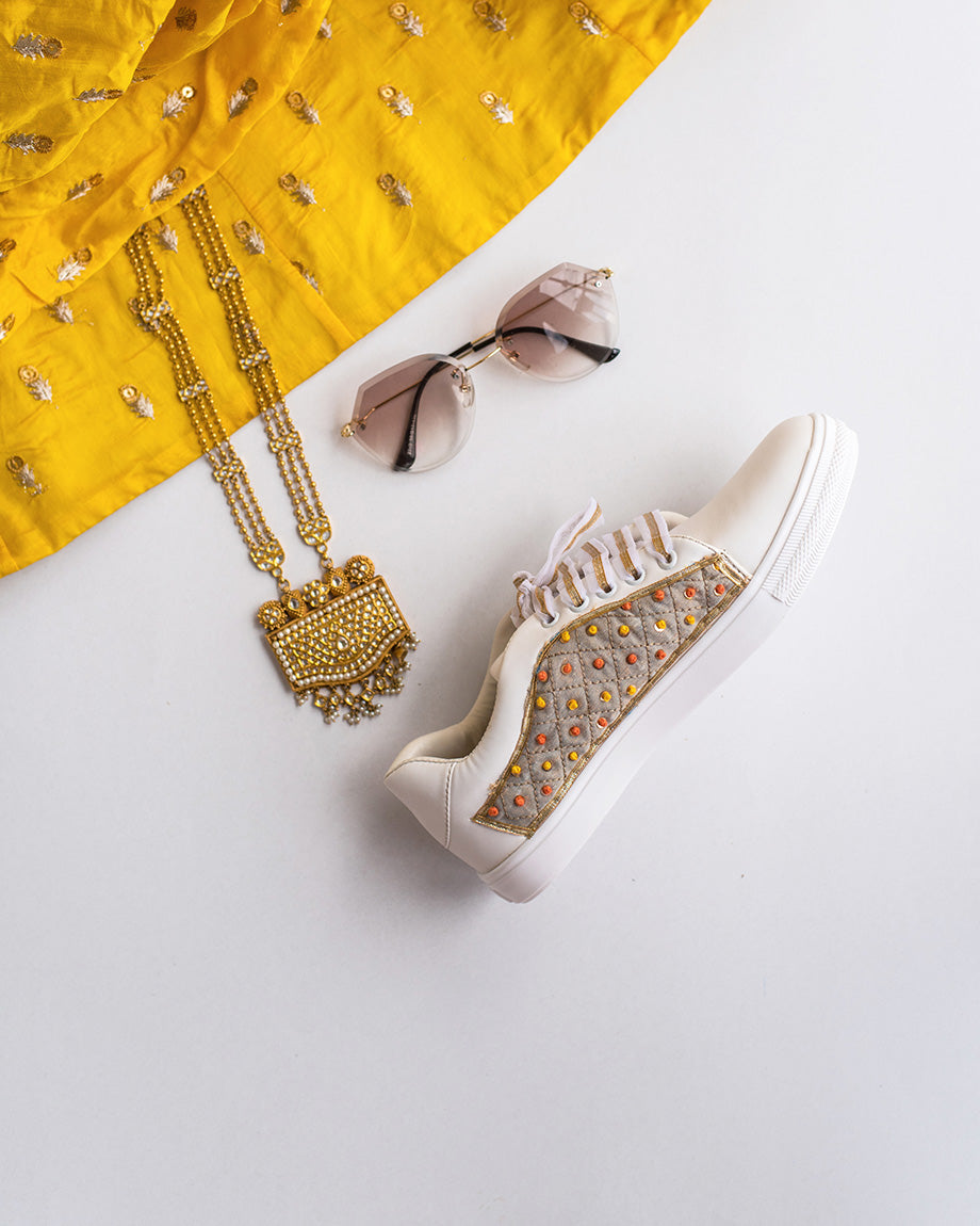 Grey Checks with Yellow Orange Knotted Sneakers