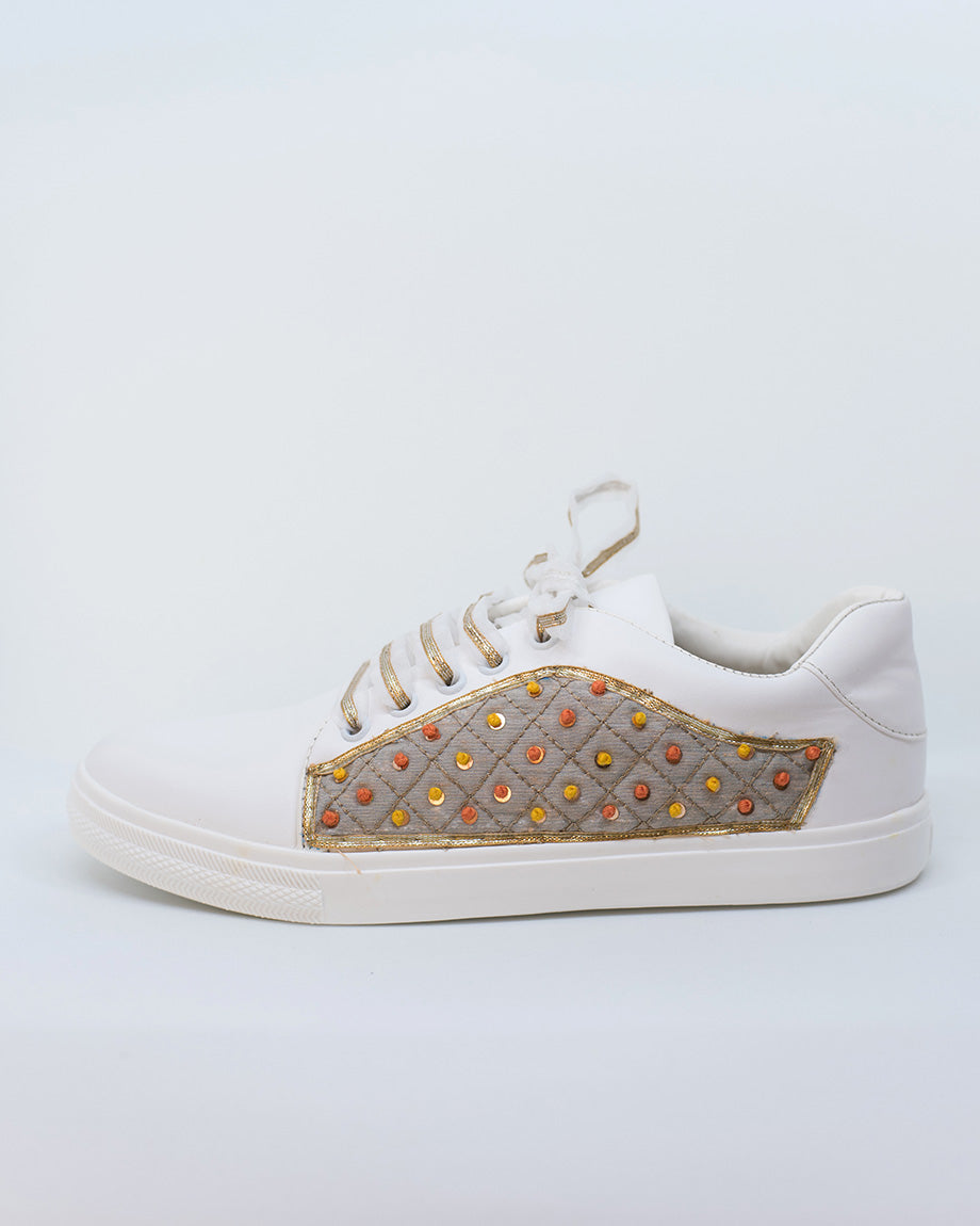 THE SAREE SNEAKERS Grey Checks with Yellow Orange Knotted Sneakers