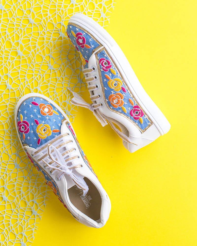 Colourful Flowers on Blue Sneakers