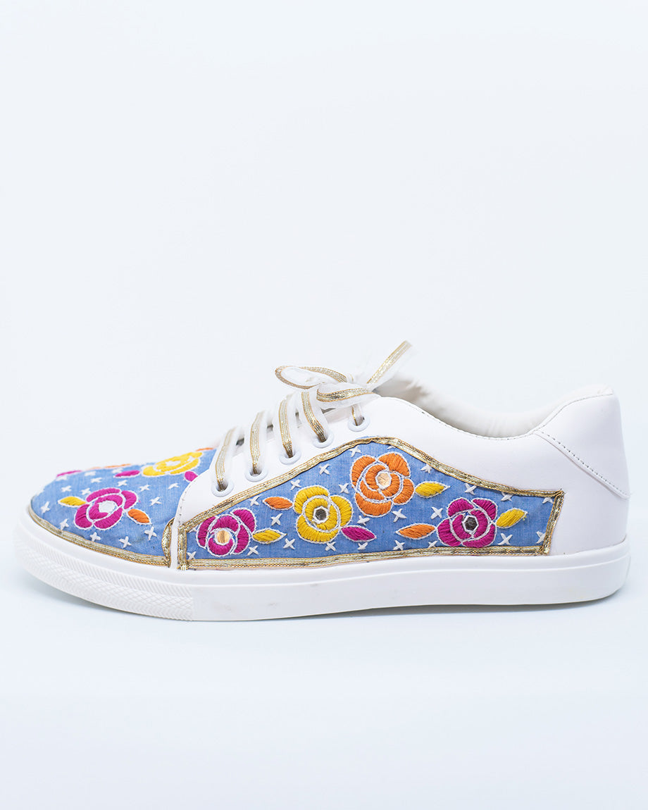 Colourful Flowers on Blue Sneakers