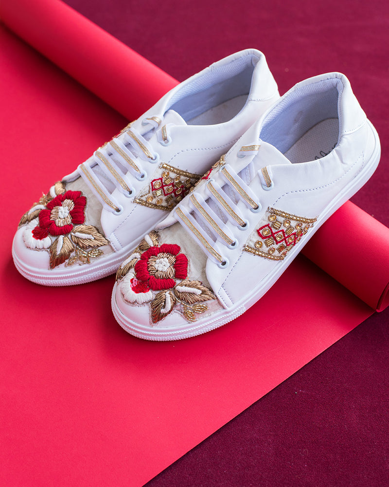 THE SAREE SNEAKERS Red Rose and Zari Sneakers