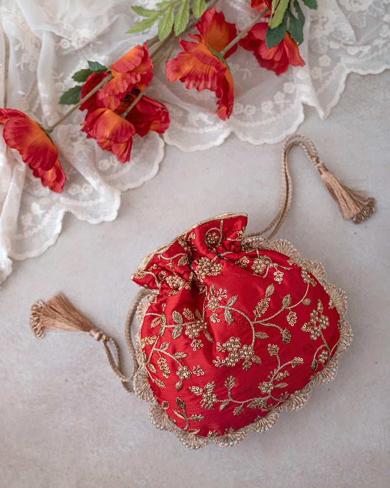 AMYRA Red Embroidered Pearl Potli Bag