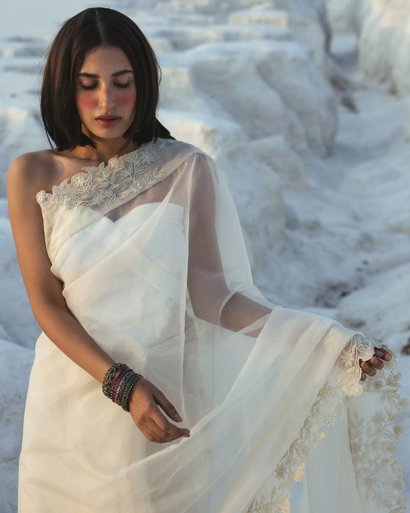 Off White Cutwork Saree for Party
